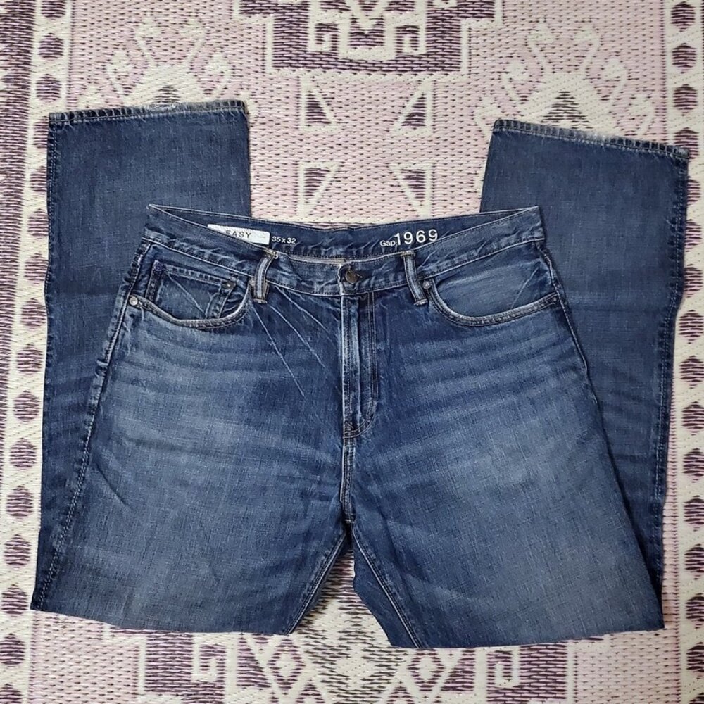 Men's GAP 1969 Easy Fit Straight Leg Jeans Dark Blue Denim Size 35 x 32